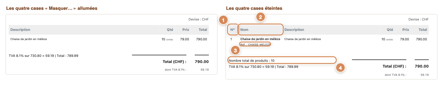 La même facture avec les quatre interrupteurs Masquer allumés, à gauche, et éteints, à droite (aperçu à l'écran)