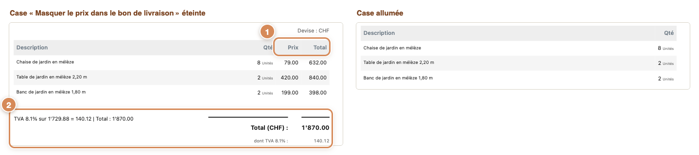 Un bon de livraison avec les prix, à gauche, et sans les prix, à droite (aperçu à l'écran)