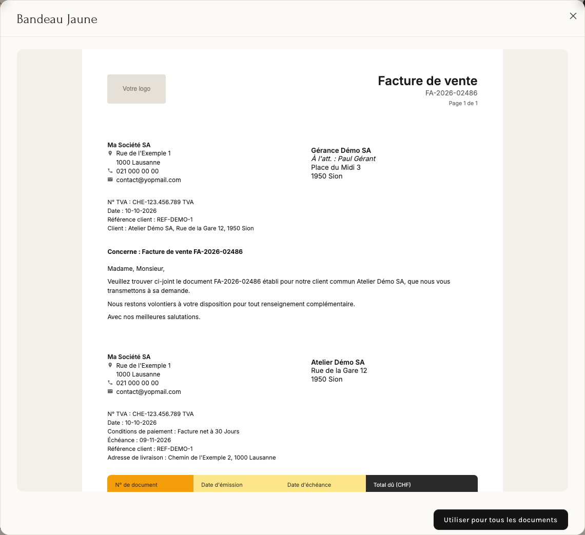 L'aperçu agrandi d'un thème, ici Bandeau Jaune, avec le bouton Utiliser pour tous les documents en bas à droite