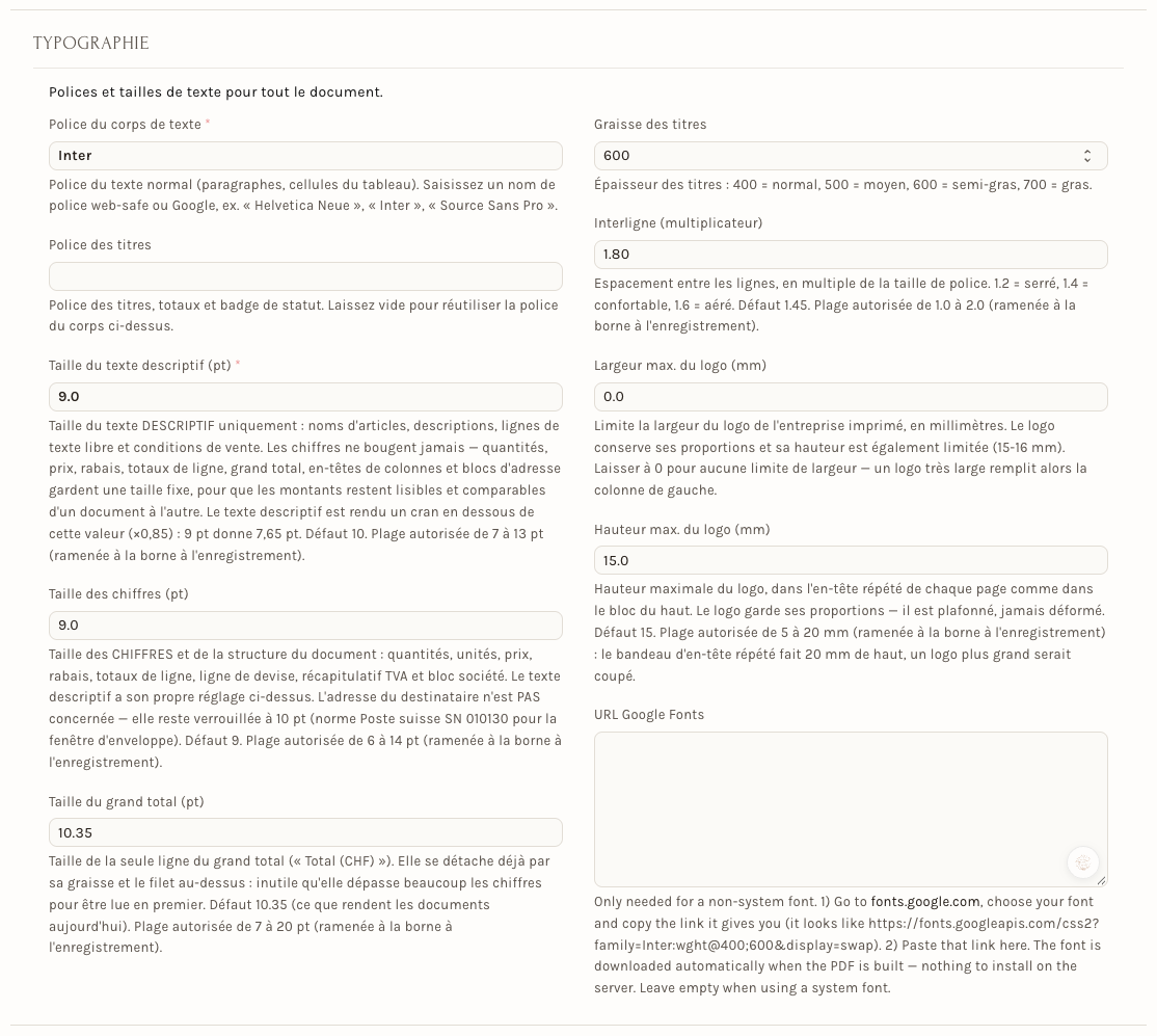 La section Typographie de la fiche d'un thème : polices, tailles, interligne et taille maximale du logo
