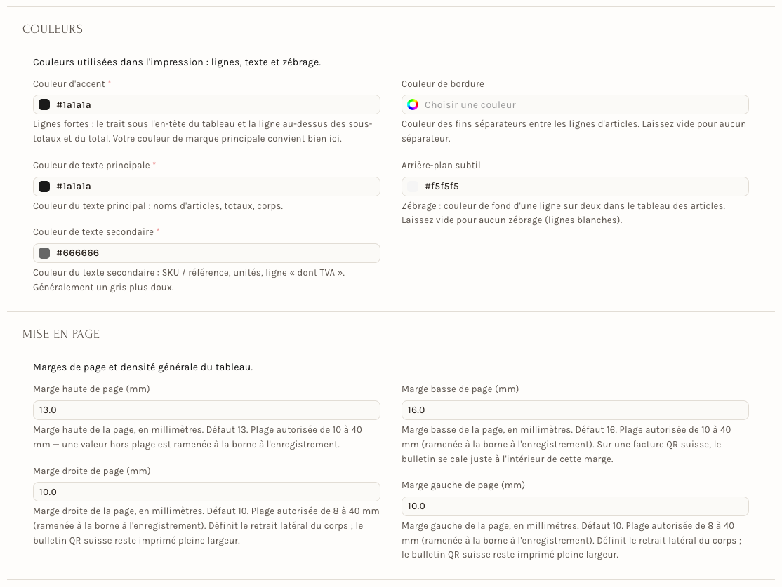 Les sections Couleurs et Mise en page de la fiche d'un thème