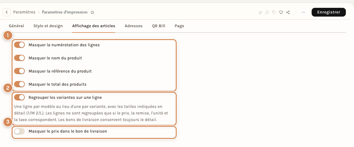 L'onglet Affichage des articles des Paramètres d'impression, avec les interrupteurs numérotés