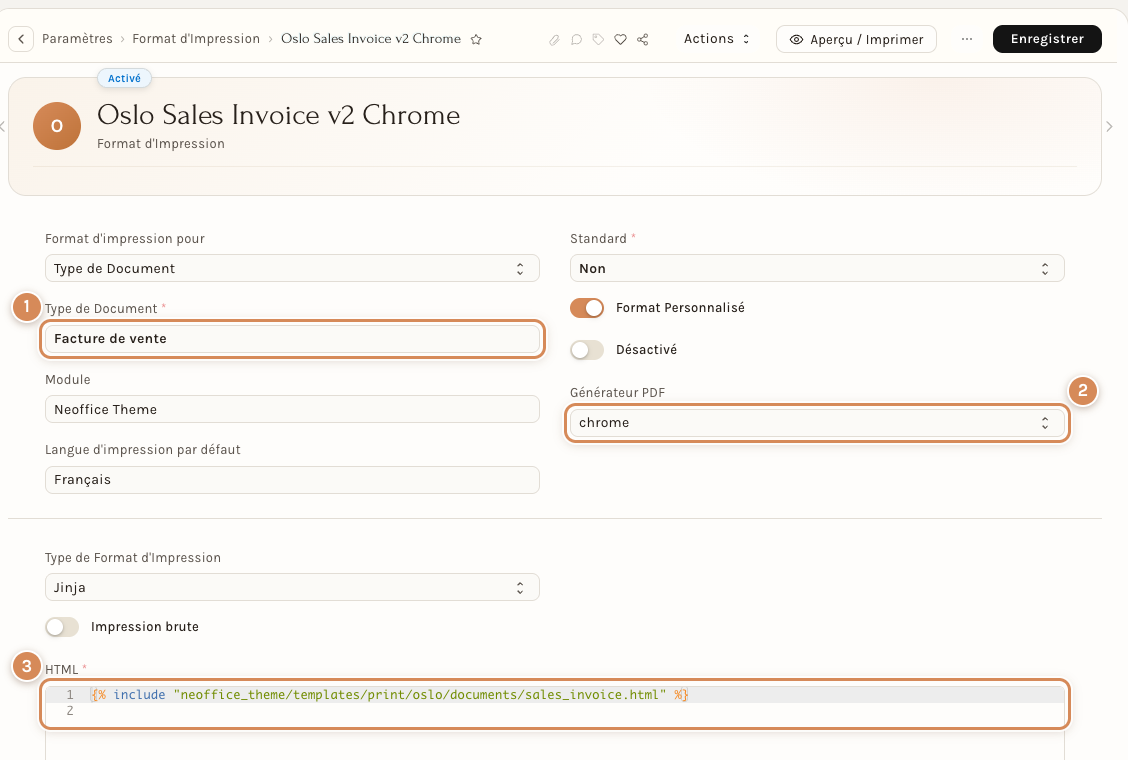 La fiche Format d'Impression ouverte par Personnaliser : le modèle technique d'une facture de vente