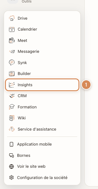 Le menu Applications, avec la ligne Insights