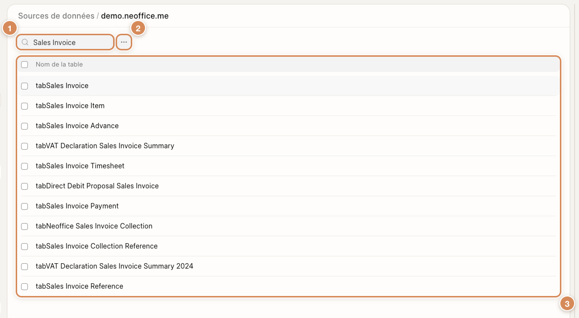 Les tables de la source, avec la recherche