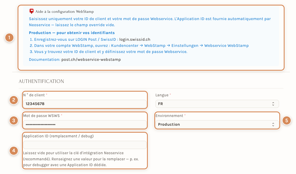 La fiche WebStamp : l'aide et la section Authentification, avec l'environnement Production