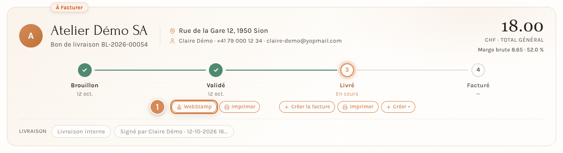 Un bon de livraison validé : le bouton WebStamp sous l'étape Validé