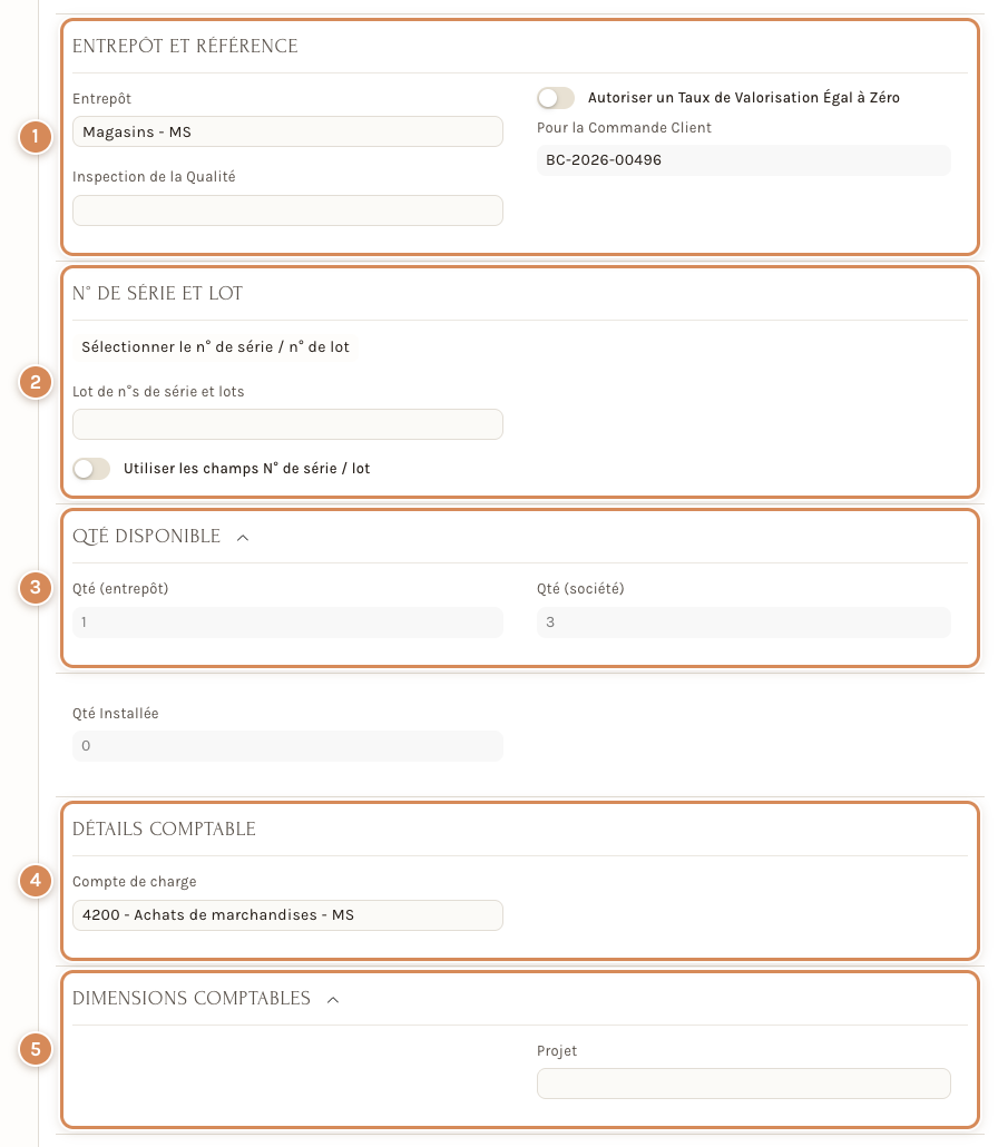 Le bas de la ligne d'un bon de livraison : entrepôt, numéros de série et lots, quantité disponible, compte de charge, dimensions comptables