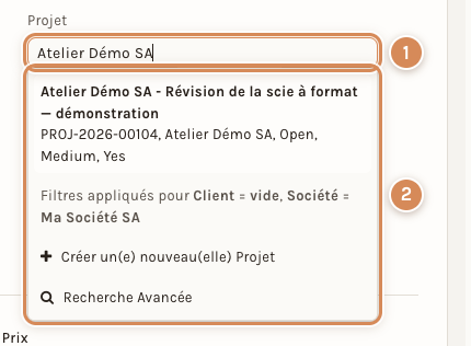 Le champ Projet d'un devis, ouvert sur sa liste