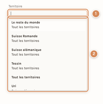 Le champ Territoire d'un devis, ouvert sur sa liste
