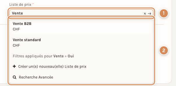 Le champ Liste de prix d'un devis, ouvert sur ses listes de vente