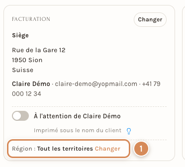 La carte Facturation d'une commande : la ligne Région