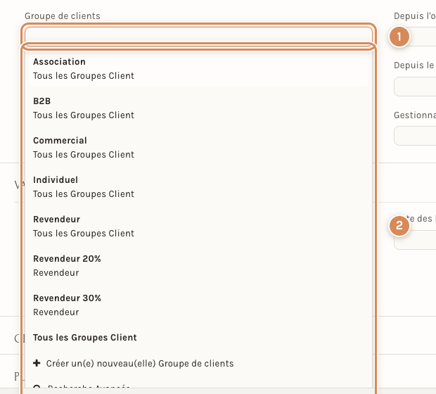 Le champ Groupe de clients de la fiche d'un client, ouvert sur sa liste