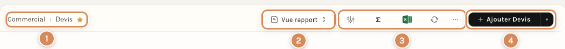 Le haut d'une liste : le chemin, la présentation, les outils et Ajouter