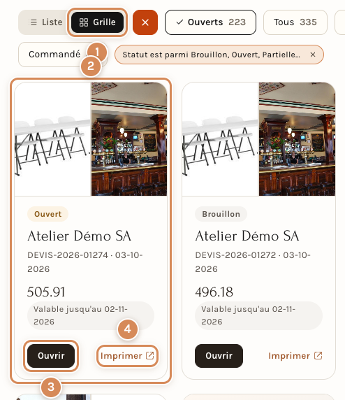 La grille : chaque devis est une carte