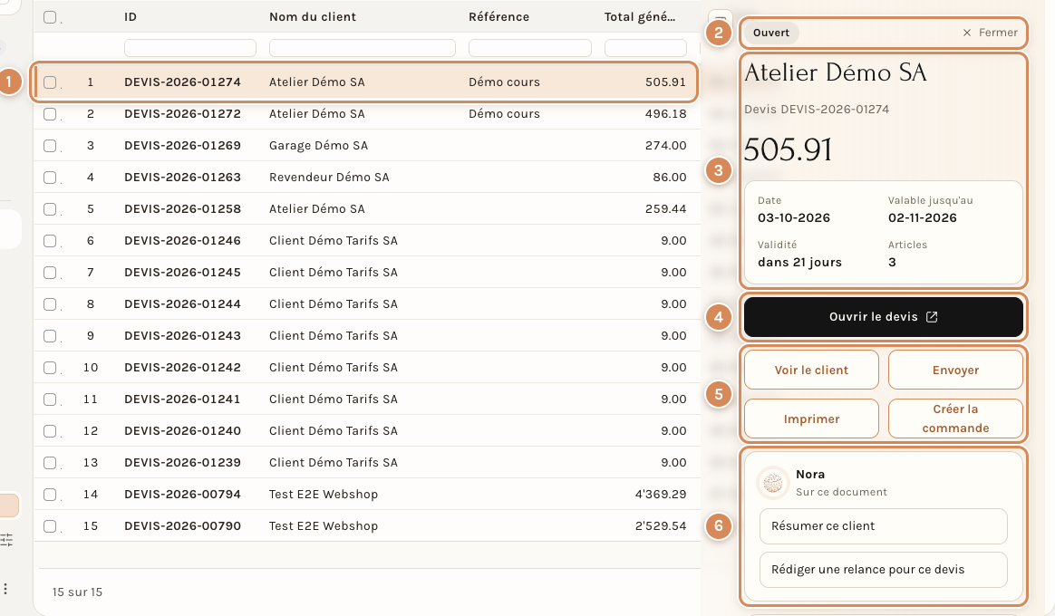 Le panneau de droite pour une ligne : statut, client, montant, dates, actions