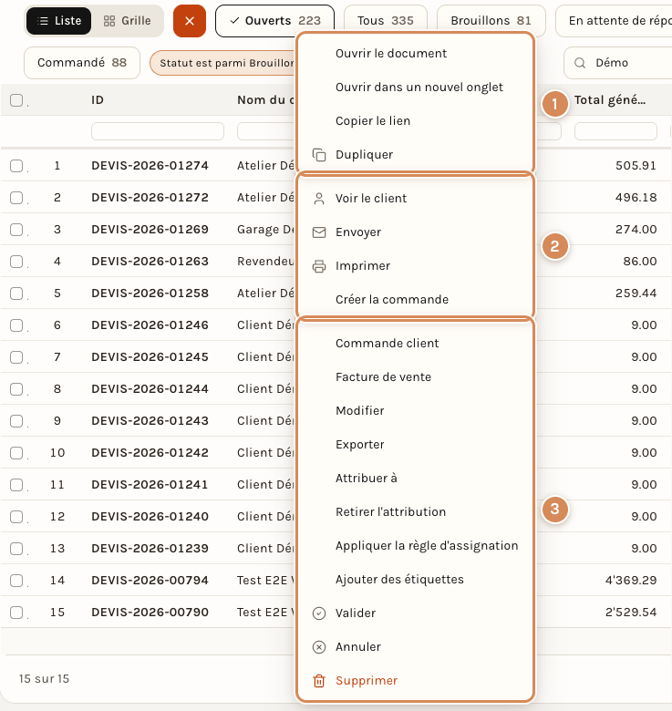 Le menu du clic droit