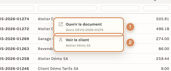 Le double-clic sur le nom du client