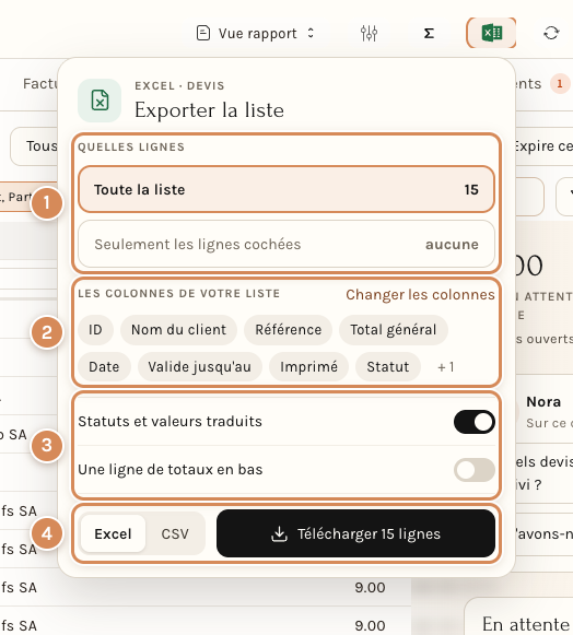 Le panneau d'exportation de l'icône Excel
