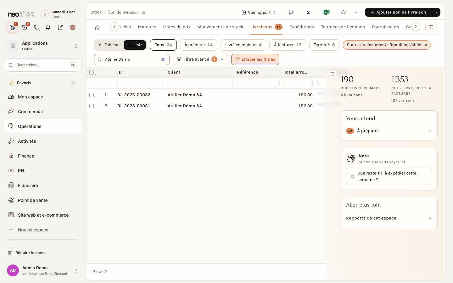La liste des livraisons, ici filtrée sur le client de démonstration
