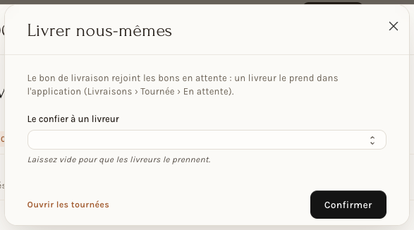 La fenêtre « Livrer nous-mêmes »