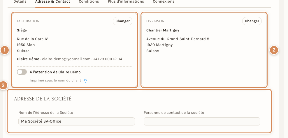 L'onglet Adresse & Contact d'un bon de livraison