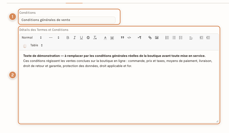 L'onglet Conditions : le modèle choisi remplit le texte