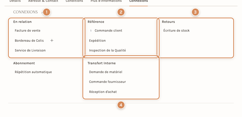 L'onglet Connexions d'un bon de livraison