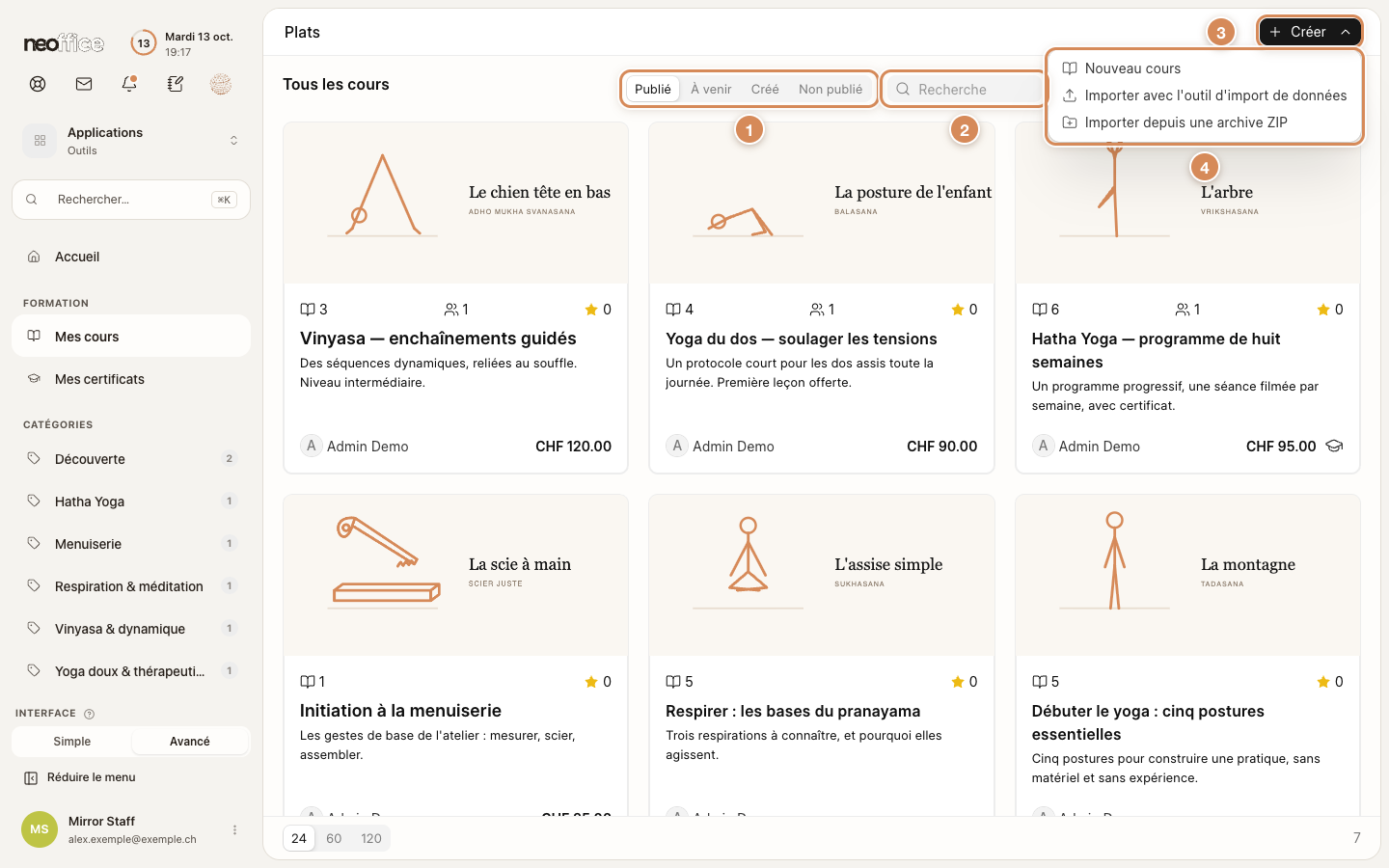 La liste des cours, avec ses onglets, sa recherche et le menu du bouton Créer