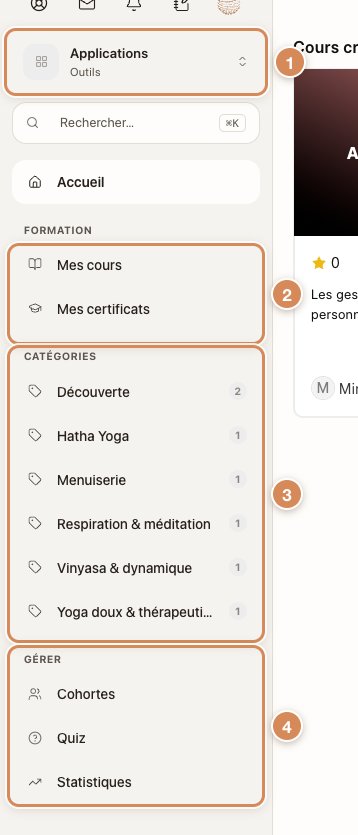 Le menu de gauche de l'application Formation, vu par une personne qui crée des cours