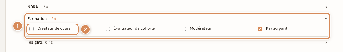 Le groupe Formation de la fiche d'un compte : la case Créateur de cours