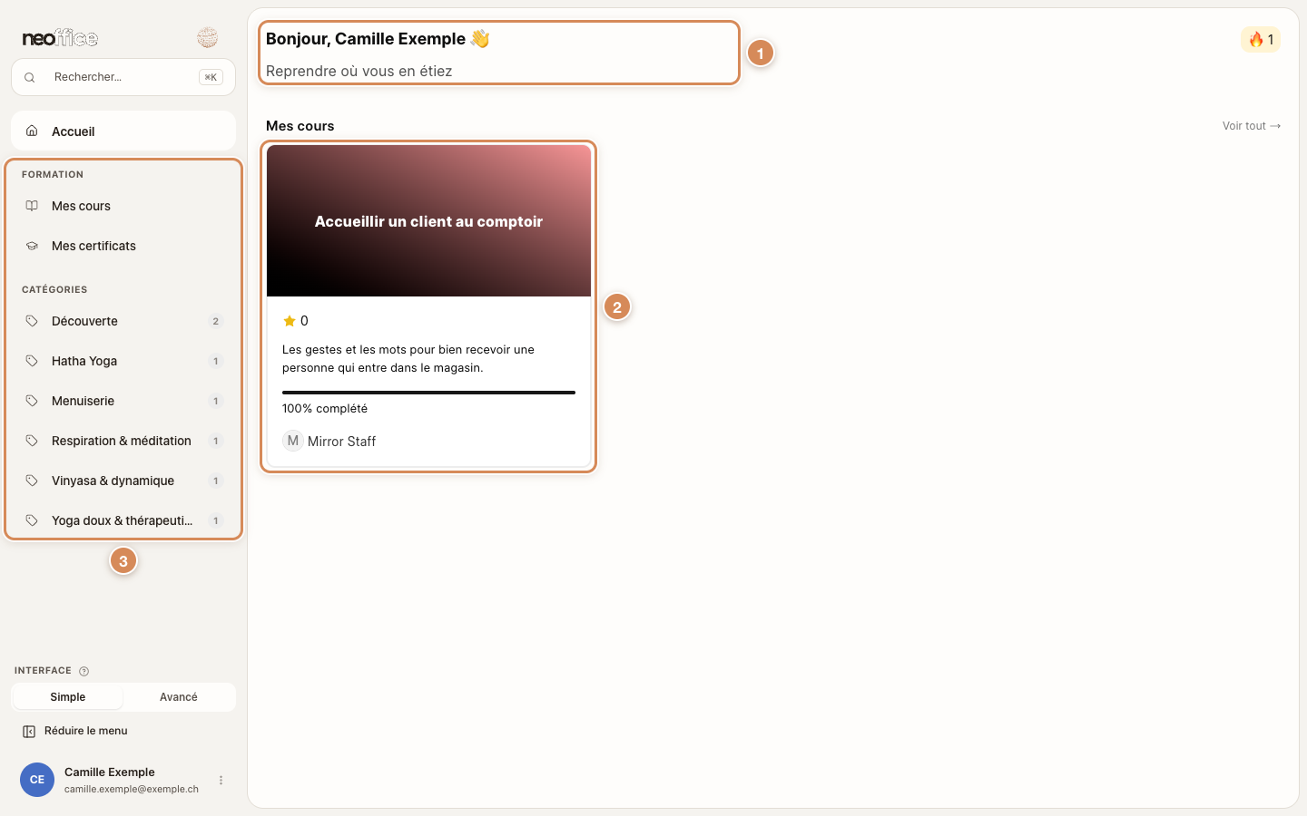 L'accueil d'un employé inscrit à un cours : la carte du cours et son avancement
