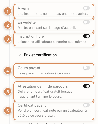 Les réglages de visibilité, de prix et de certification d'un cours