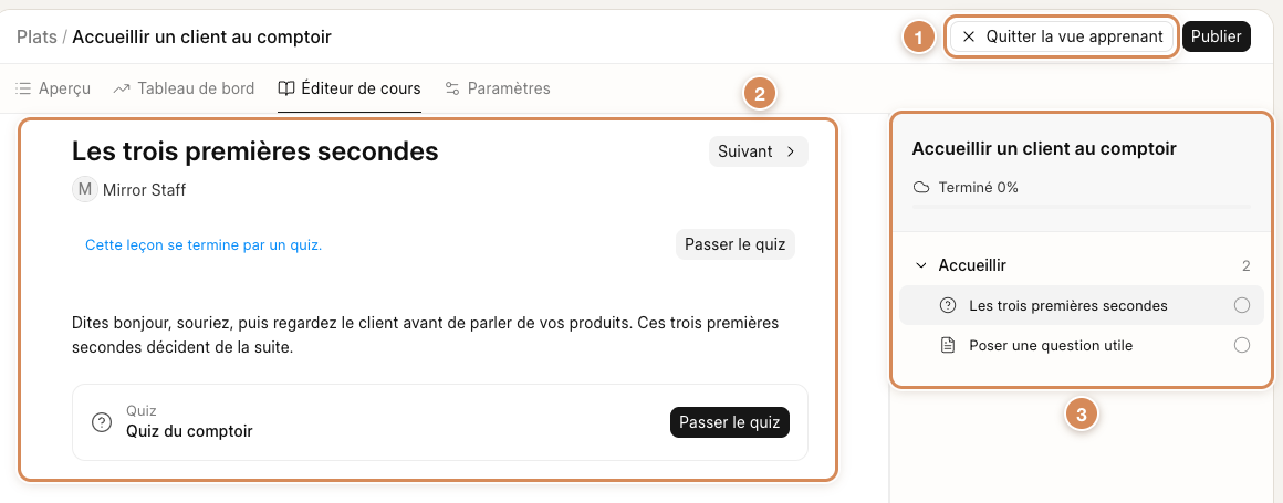 La vue apprenant : la leçon, son quiz et le plan du cours avec « Terminé 0% »