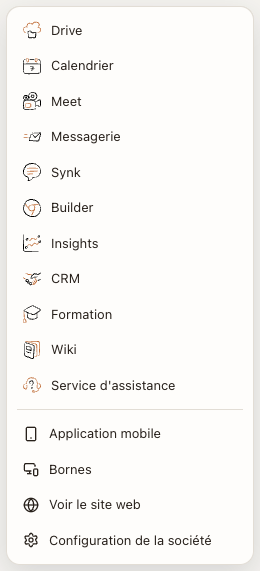 Le menu Applications : Messagerie se trouve entre Meet et Synk