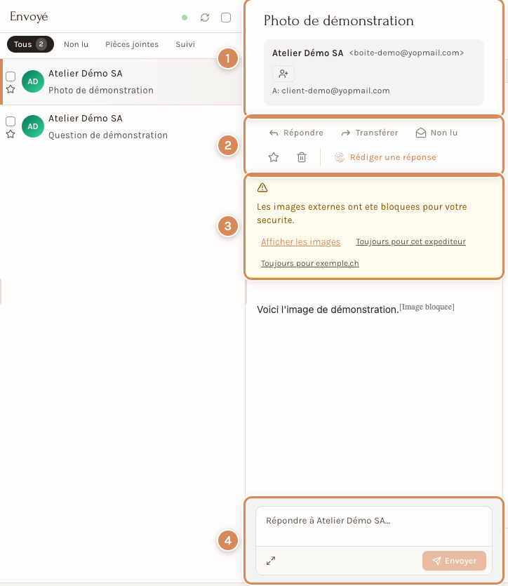 Un message ouvert : l'en-tête, les actions, le bandeau des images bloquées et la réponse rapide