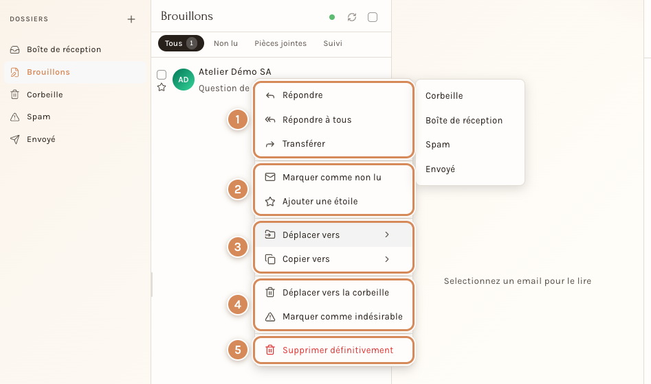 Le menu d'un message dans la liste