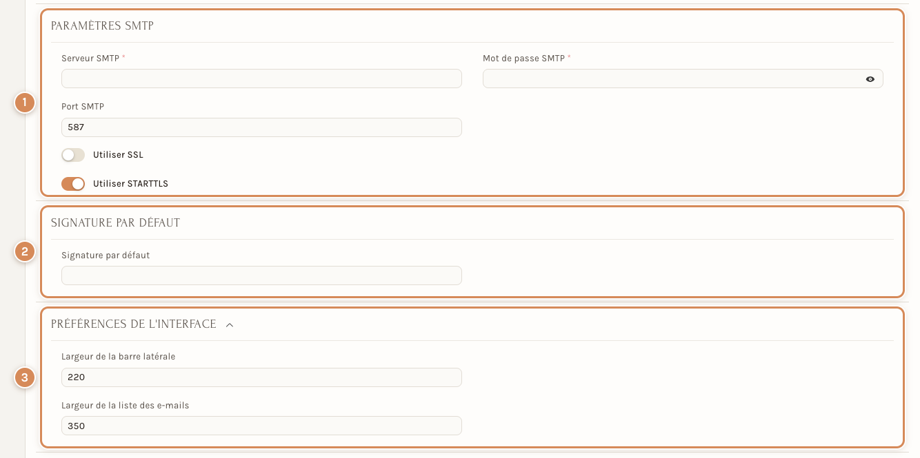 La fiche : paramètres SMTP, signature par défaut et préférences de l'interface