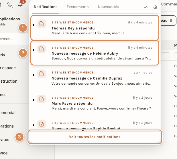 La cloche : un message du visiteur qui a répondu, un nouveau message, et le lien vers toutes les notifications