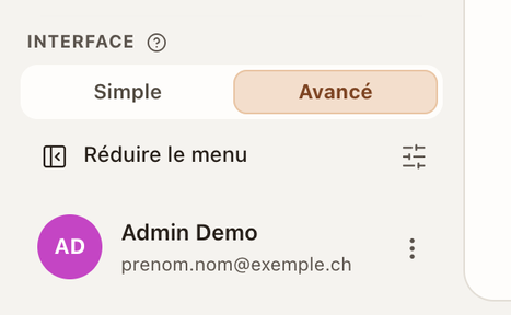 Le bas du menu : le titre Interface et le segment Simple | Avancé