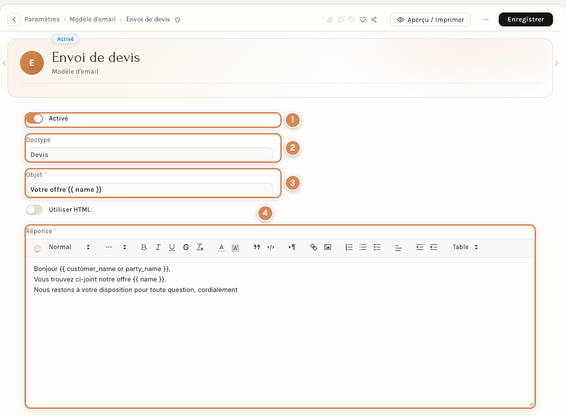 La fiche du modèle « Envoi de devis »