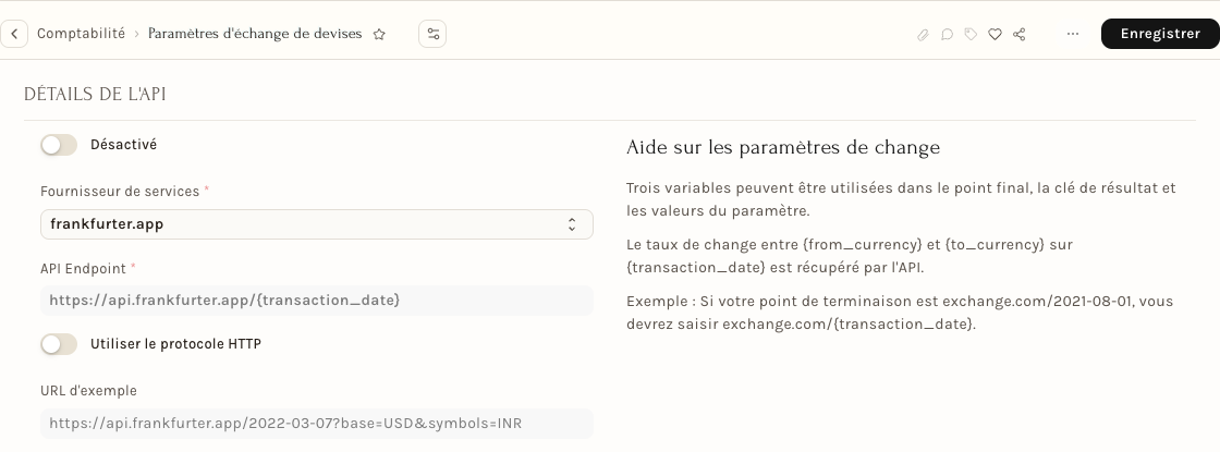 Les paramètres d'échange de devises : le fournisseur de services et son adresse