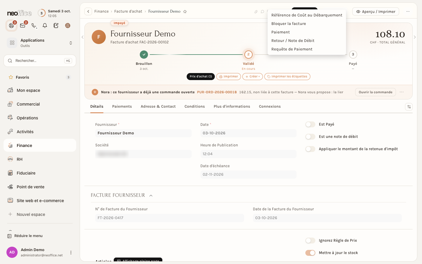 Le menu Créer d'une facture d'achat validée : Retour / Note de Débit