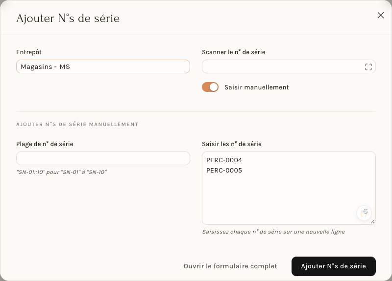 La fenêtre Ajouter N°s de série dans une réception de marchandise