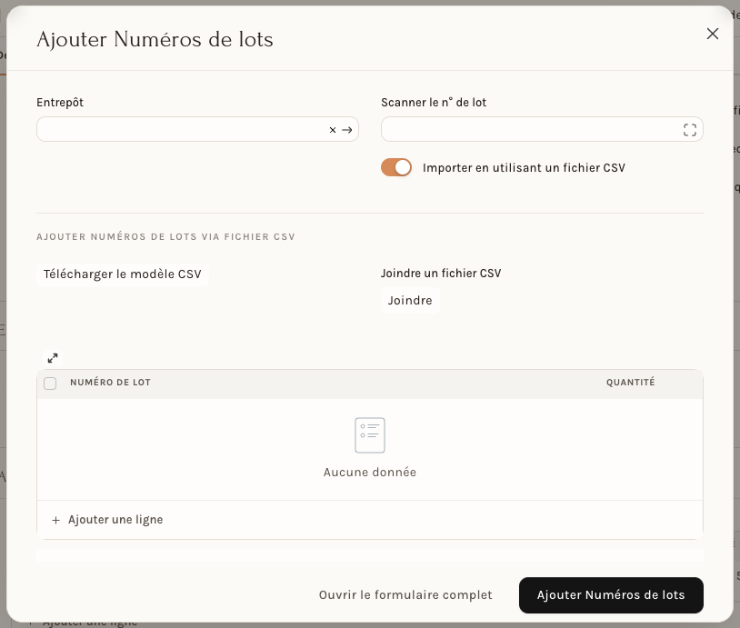 La fenêtre Ajouter Numéros de lots, ouverte sur l'import CSV