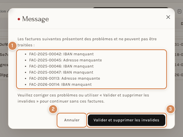 La fenêtre qui nomme les factures impossibles à payer par fichier
