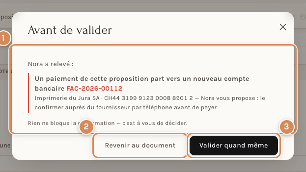 La fenêtre « Avant de valider »
