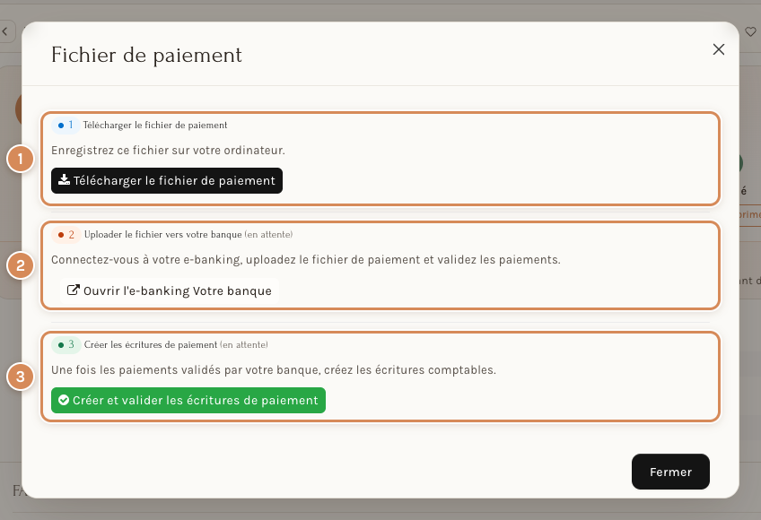 La fenêtre Fichier de paiement et ses trois temps