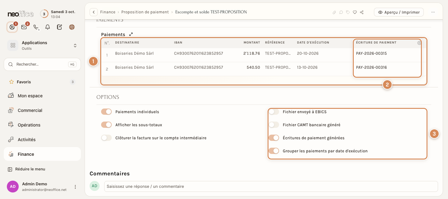 Le tableau Paiements après la création des écritures