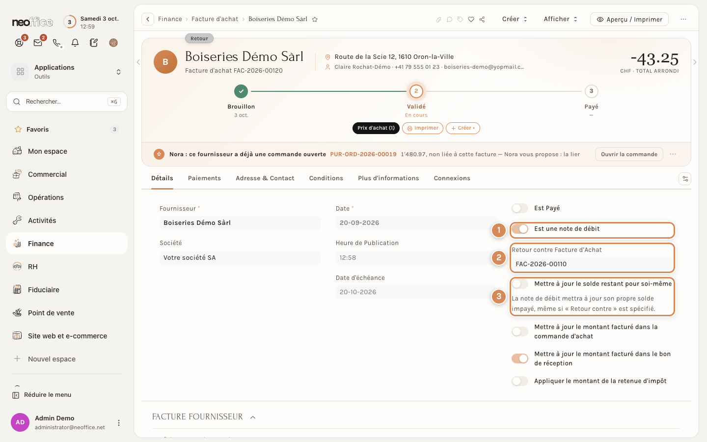 Une note de débit qui solde l'escompte